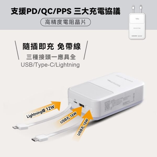 WONDER可拆線22.5W快充行動電源20000mAh-白 WA-P10B：圖片 5