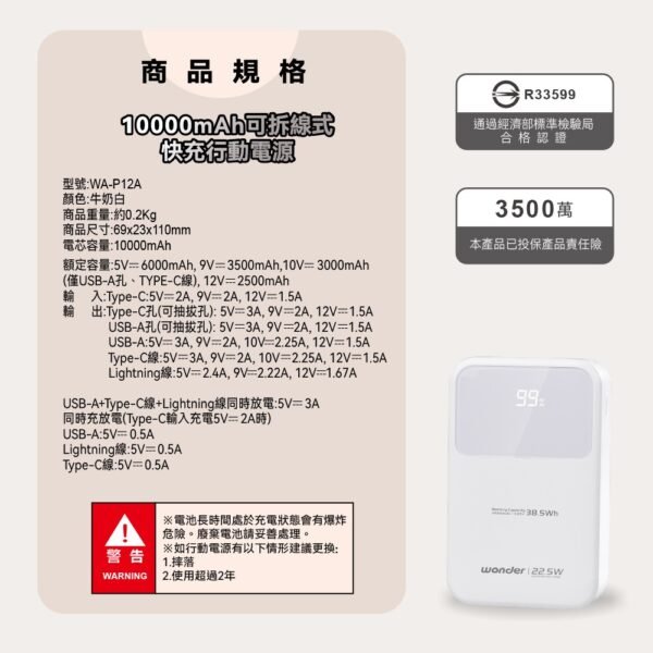 WONDER可拆線式22.5W快充行動電源10000mAh-白 WA-P12A：圖片 11