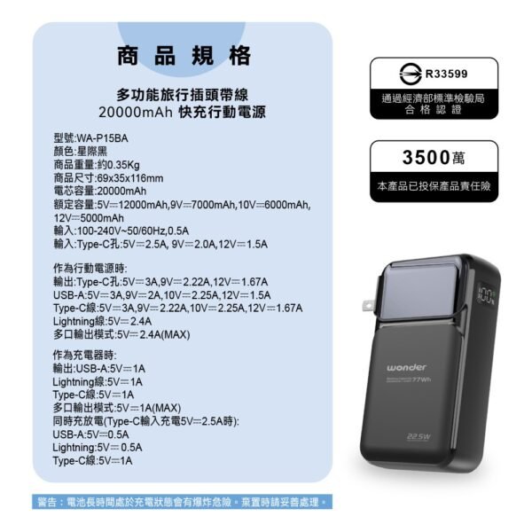 WONDER多功能旅行插頭帶線22.5W快充20000mAh行動電源 WA-P15BA：圖片 9